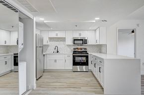 Las Vegas apartment for rent - A modern kitchen with white cabinets and stainless steel appliances.