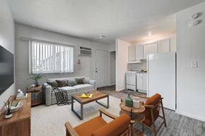 Las Vegas apartment for rent - A living room with a grey couch, a coffee table, and a television.