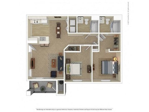 Floor plan for 2 beds, 2 baths, 933 sqft