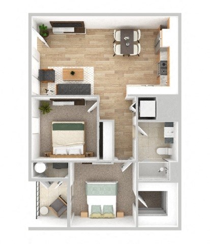 Floor plan for 2 beds, 1 bath, 746 sqft