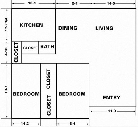 Floor plan for 2 beds, 1 bath, 1100 sqft