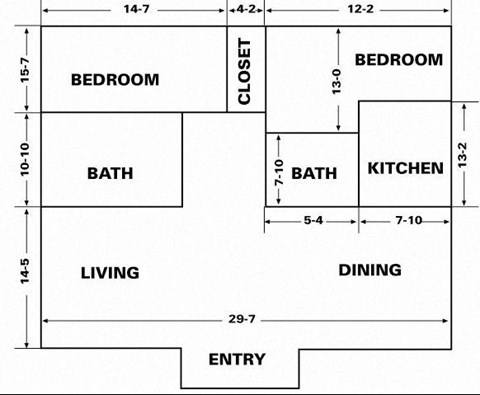 Floor plan for 2 beds, 2 baths, 1369 sqft