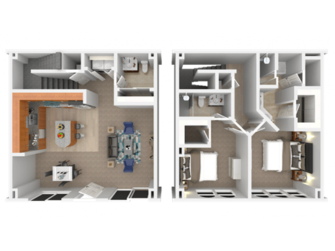 Floor plan for 1 bed, 1.5 baths, 958 sqft