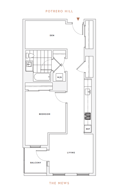Floor plan for 1 bed, 1 bath, 772 sqft