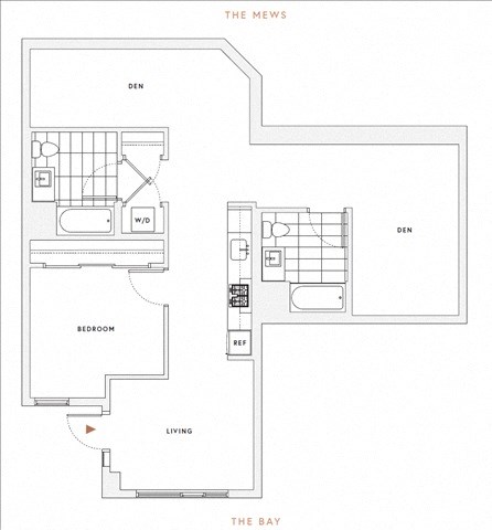Floor plan for 1 bed, 2 baths, 966 sqft