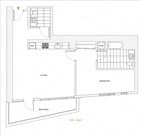 Floor plan for 1 bed, 1.5 baths, 821 sqft