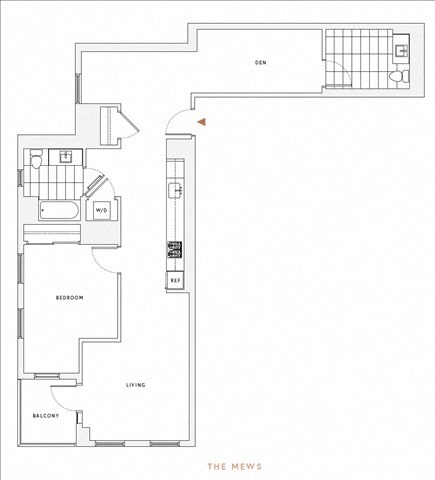 Floor plan for 1 bed, 1.5 baths, 1226 sqft