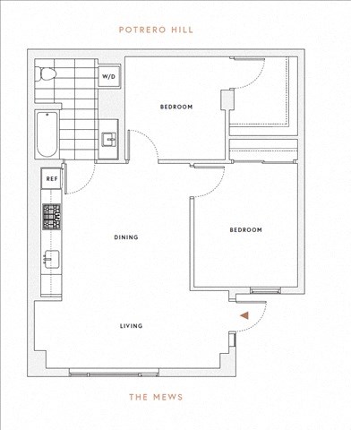 Floor plan for 2 beds, 1 bath, 742 sqft