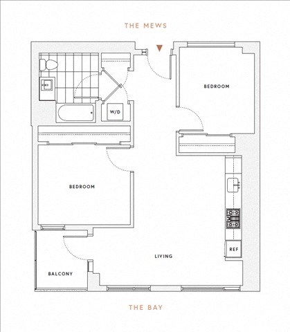 Floor plan for 2 beds, 1 bath, 742 sqft