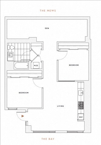 Floor plan for 2 beds, 1 bath, 956 sqft