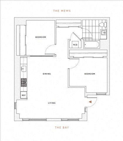 Floor plan for 2 beds, 1 bath, 956 sqft