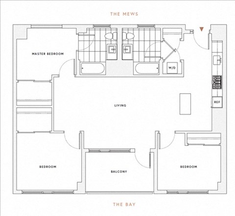 Floor plan for 3 beds, 2 baths, 1095 sqft