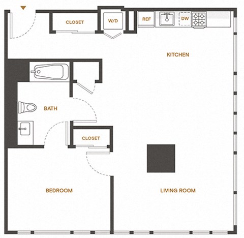 Floor plan for 1 bed, 1 bath, 836 sqft