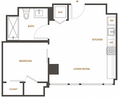 Floor plan for 1 bed, 1 bath, 453 sqft