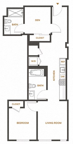 Floor plan for 1 bed, 2 baths, 799 sqft