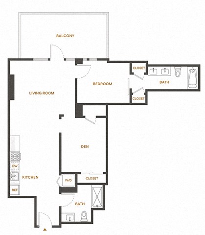 Floor plan for 1 bed, 2 baths, 969 sqft