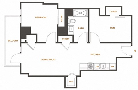Floor plan for 1 bed, 1 bath, 837 sqft