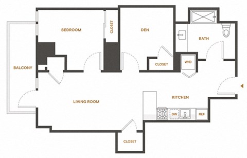 Floor plan for 1 bed, 1 bath, 844 sqft