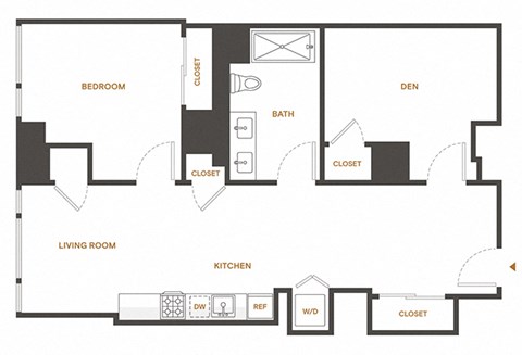 Floor plan for 1 bed, 1 bath, 885 sqft