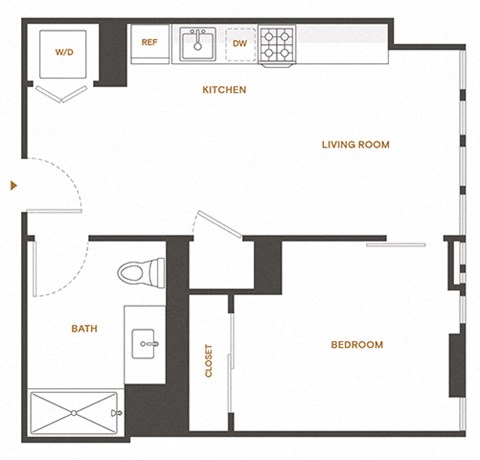 Floor plan for 1 bed, 1 bath, 502 sqft