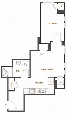 Floor plan for 1 bed, 1 bath, 555 sqft
