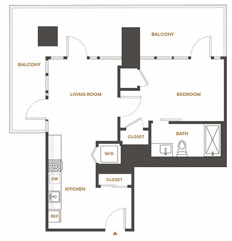 Floor plan for 1 bed, 1 bath, 562 sqft