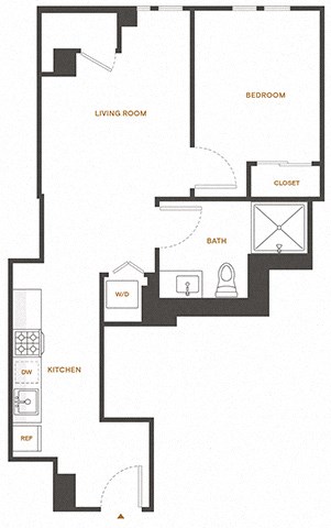 Floor plan for 1 bed, 1 bath, 563 sqft