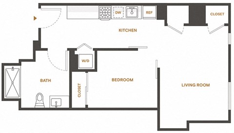 Floor plan for 1 bed, 1 bath, 563 sqft