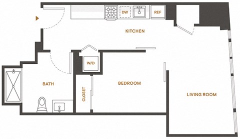 Floor plan for 1 bed, 1 bath, 563 sqft