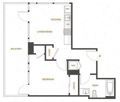 Floor plan for 1 bed, 1 bath, 573 sqft
