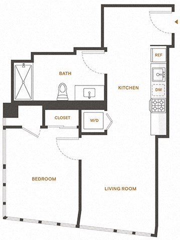 Floor plan for 1 bed, 1 bath, 580 sqft