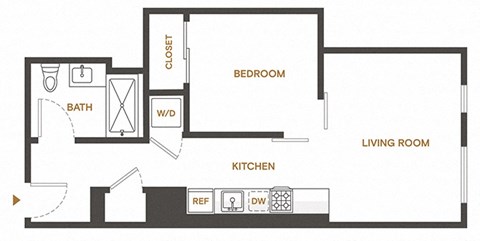 Floor plan for 1 bed, 1 bath, 583 sqft