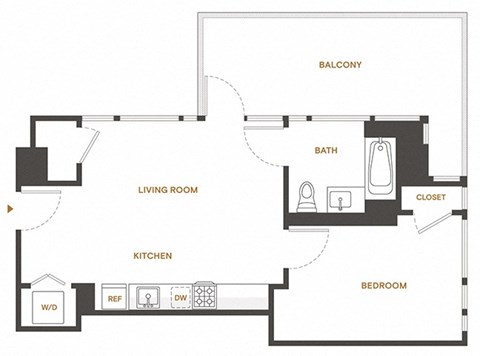 Floor plan for 1 bed, 1 bath, 592 sqft