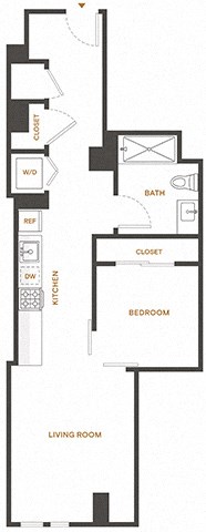 Floor plan for 1 bed, 1 bath, 596 sqft