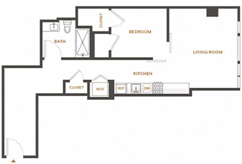 Floor plan for 1 bed, 1 bath, 605 sqft