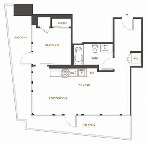 Floor plan for 1 bed, 1 bath, 630 sqft