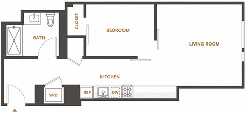 Floor plan for 1 bed, 1 bath, 641 sqft