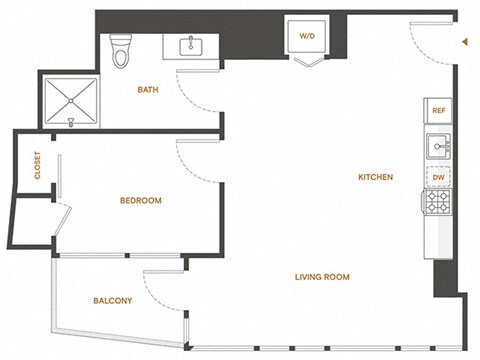 Floor plan for 1 bed, 1 bath, 683 sqft
