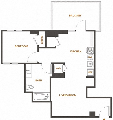Floor plan for 1 bed, 1 bath, 683 sqft