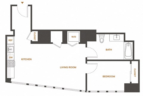 Floor plan for 1 bed, 1 bath, 684 sqft