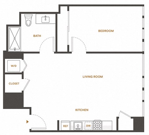 Floor plan for 1 bed, 1 bath, 718 sqft