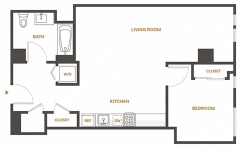 Floor plan for 1 bed, 1 bath, 755 sqft