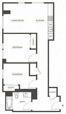 Floor plan for 2 beds, 1 bath, 792 sqft