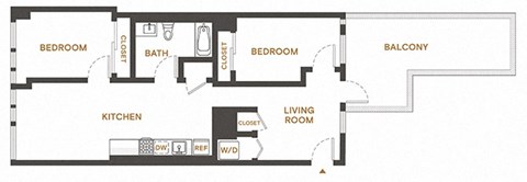 Floor plan for 2 beds, 1 bath, 921 sqft