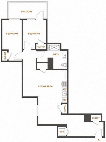 Floor plan for 2 beds, 1 bath, 940 sqft