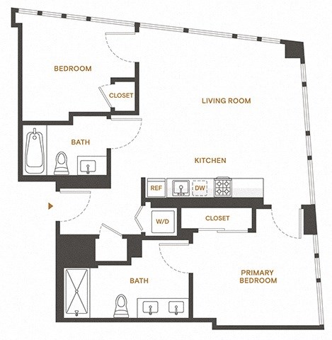 Floor plan for 2 beds, 2 baths, 880 sqft