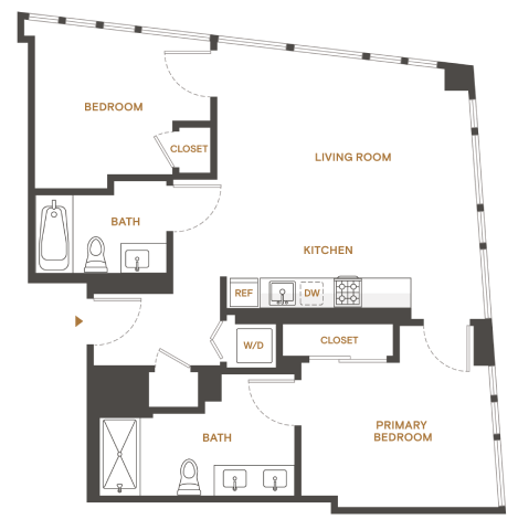 Floor plan for 2 beds, 2 baths, 1040 sqft
