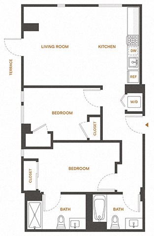 Floor plan for 2 beds, 2 baths, 907 sqft
