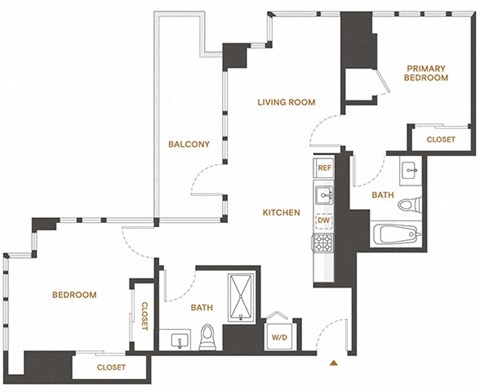 Floor plan for 2 beds, 2 baths, 913 sqft