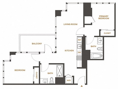 Floor plan for 2 beds, 2 baths, 913 sqft